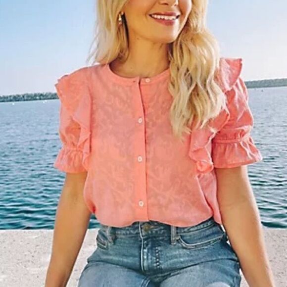 Candace Cameron Bure Floral Ruffle Sleeves Burnout Blouse - Picture 1 of 5